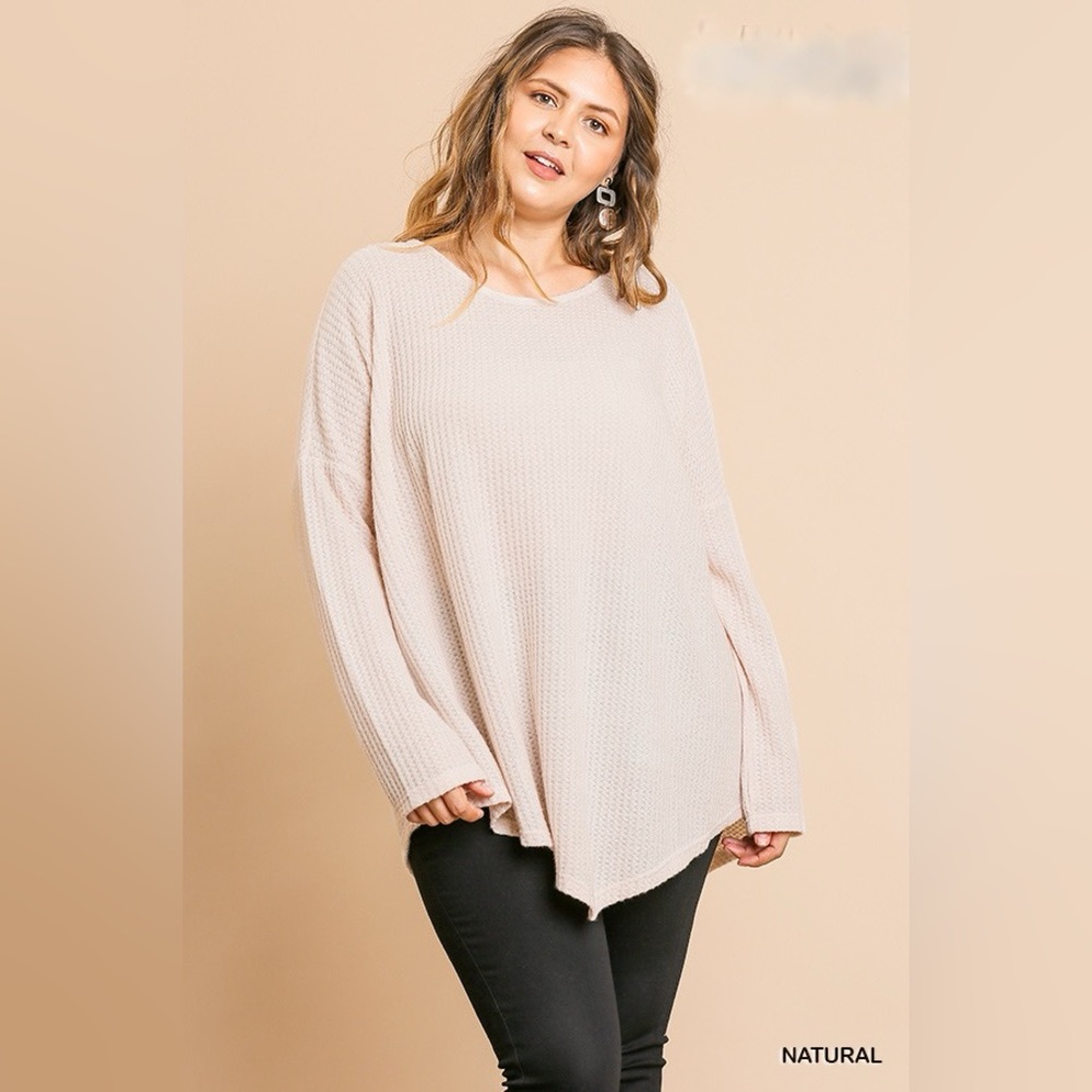 UMGEE Waffle Knit Long Sleeve Round Neck Top with Asymmetrical Hem- Natural